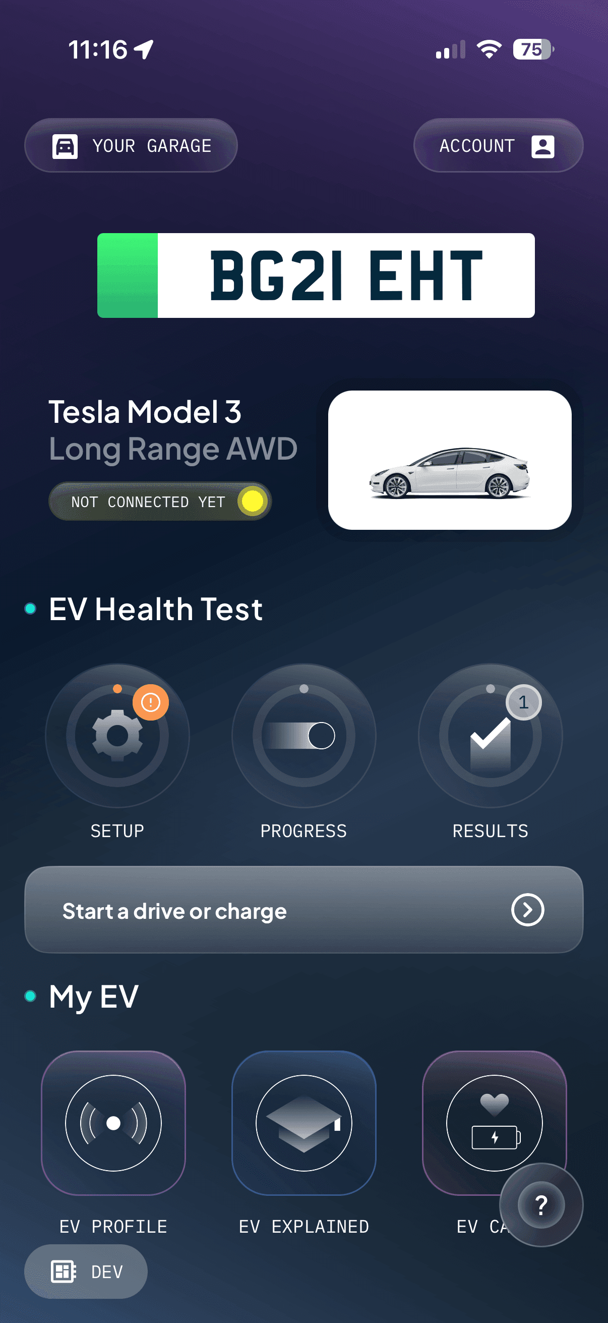 ClearWatt app vehicle profile screen